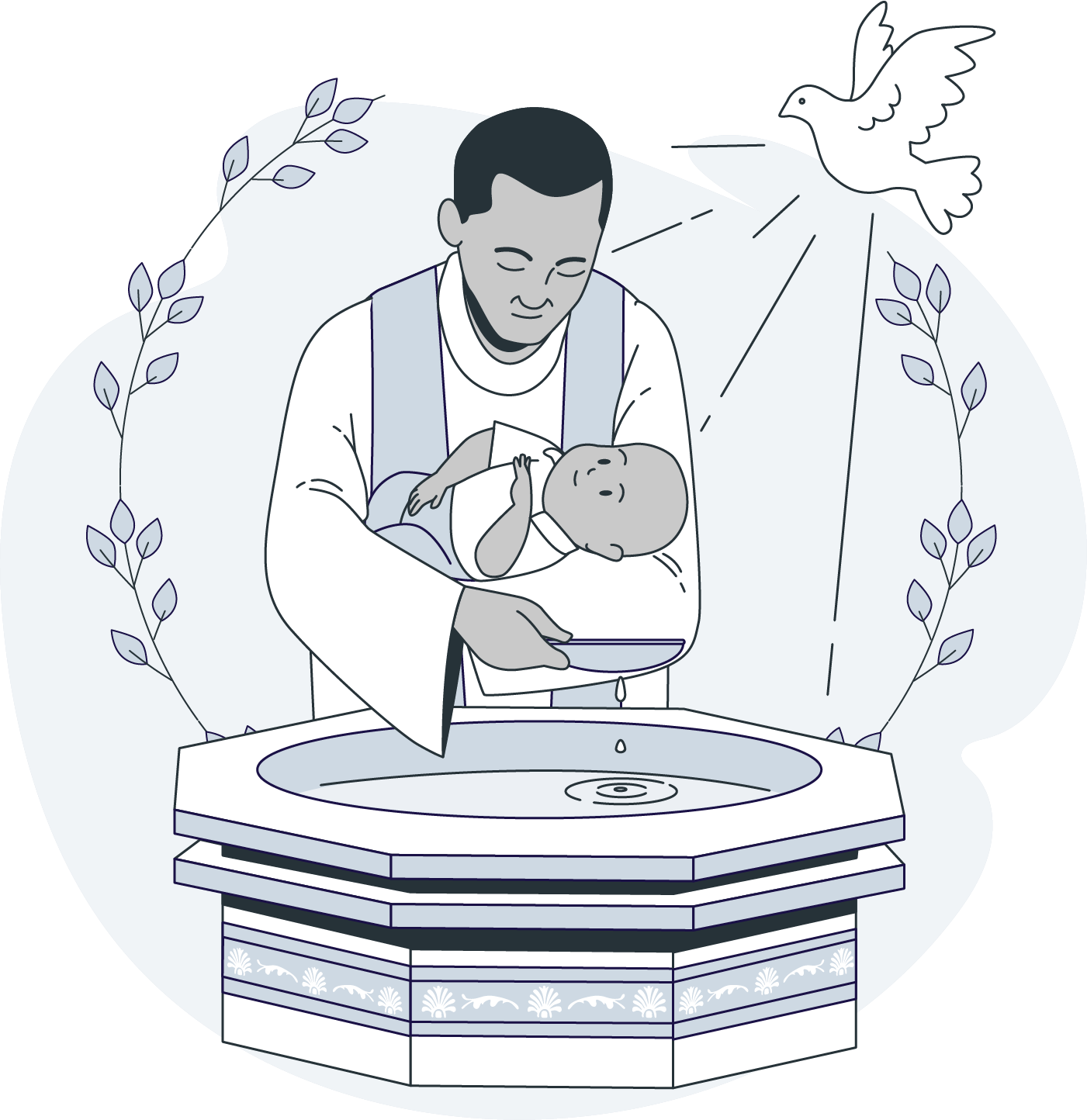 Illustration d'un prêtre qui baptise un bébé avec une colombe et des feuilles de lauriers