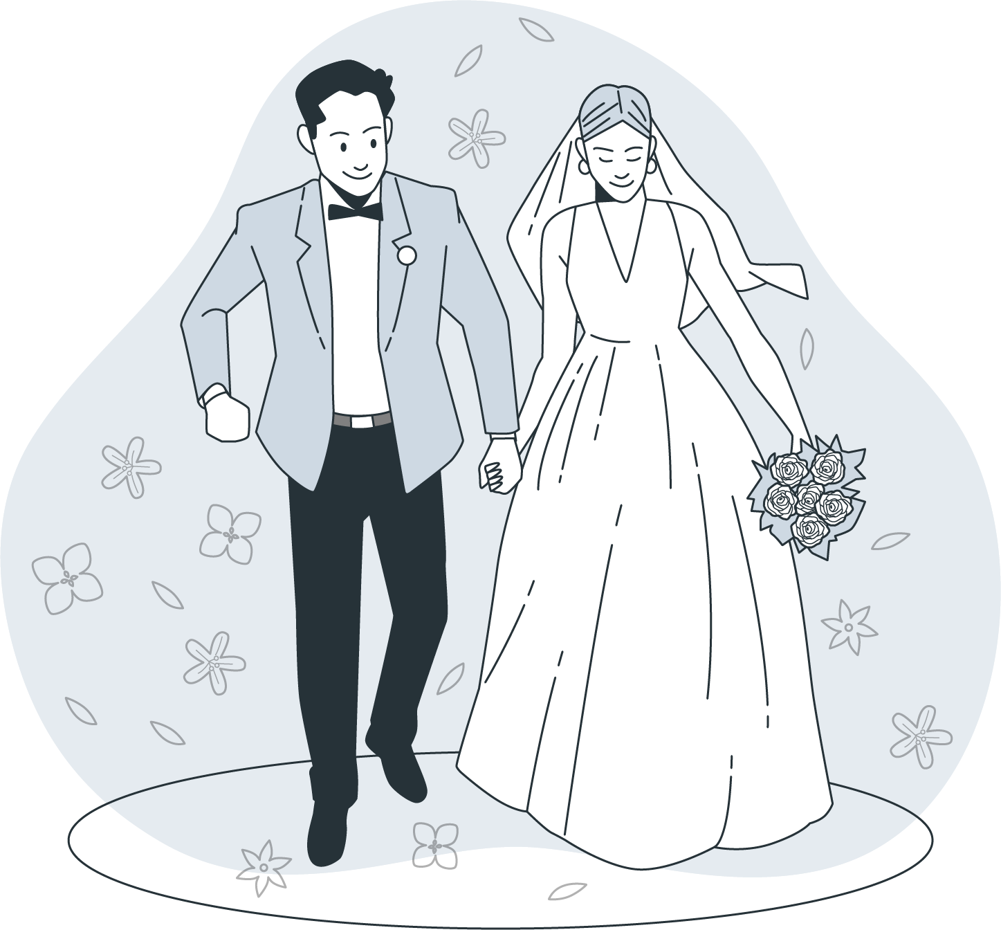 illustration d'un hommme et une femme se tenant par la main le jour de leur mariage. Smoking et robe de mariée